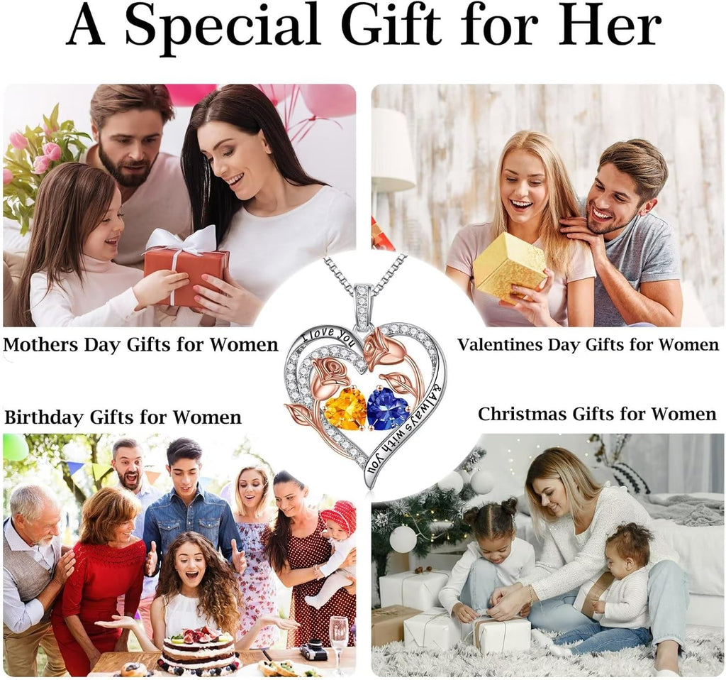 Iefil Christmas Gifts for Women Wife - 925 Sterling Silver Rose Heart Birthstone Necklace Birthday Anniversary Jewelry Gifts for Her Wife Mom Daughter