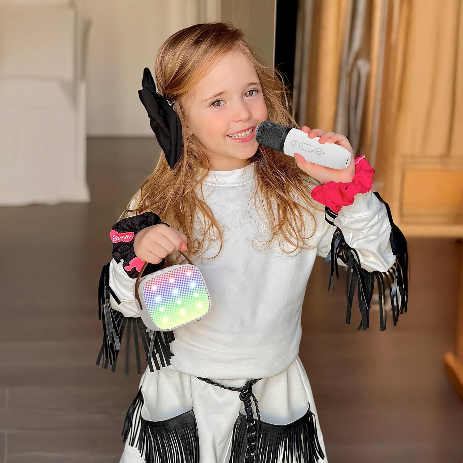 YLL Mini Karaoke Machine for Kids Adults, Portable Bluetooth Speaker with 2 Wireless Microphones,Toys Birthday Gifts for Girls Ages 4, 5, 6, 7, 8, 9, 10, 11, 12+ Years Old Toddler Teens (Pink)