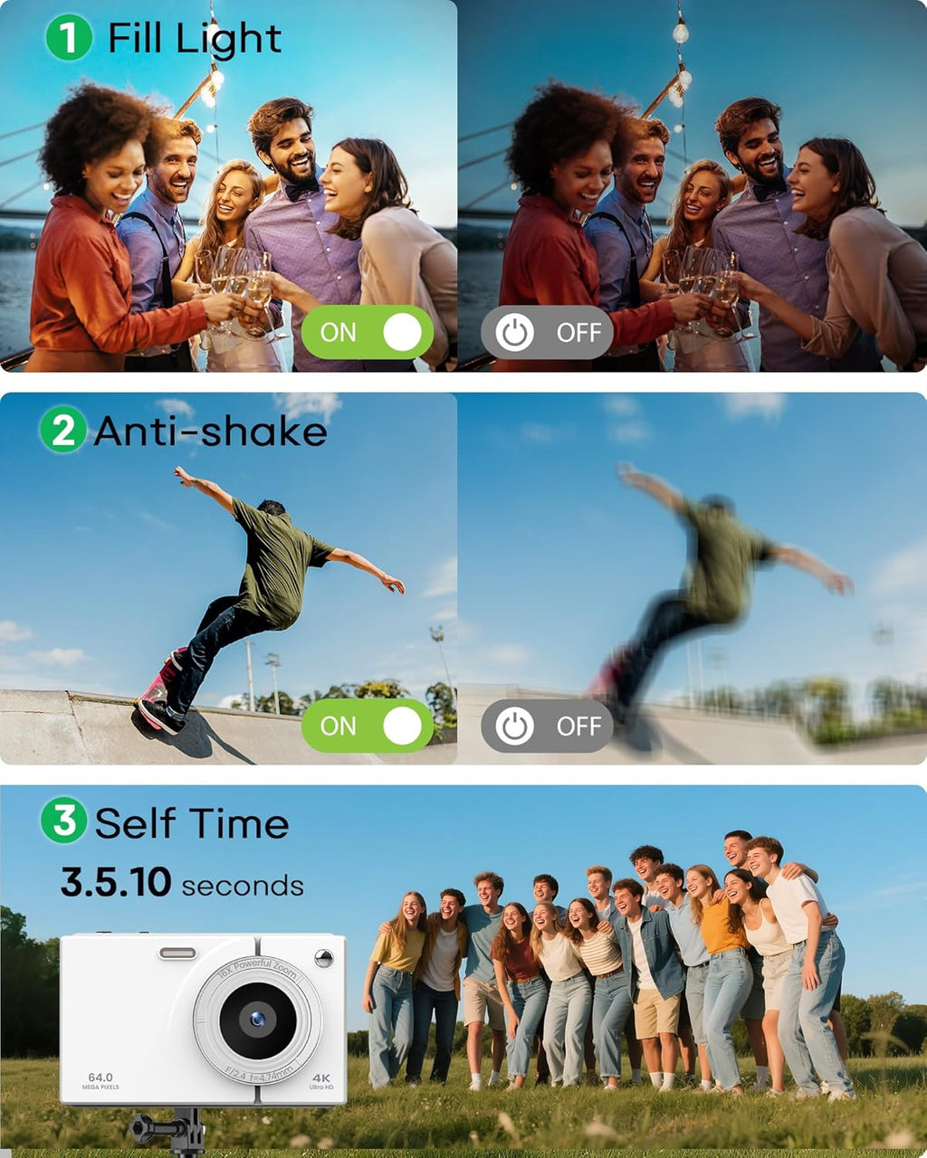 Digital Camera 4K with 64MP & 16X Digital Zoom - Autofocus Vlogging Camera with Anti-Shake, 64GB SD Card Included | Compact Travel Camera for YouTube Beginners, Teens & Adults (White)