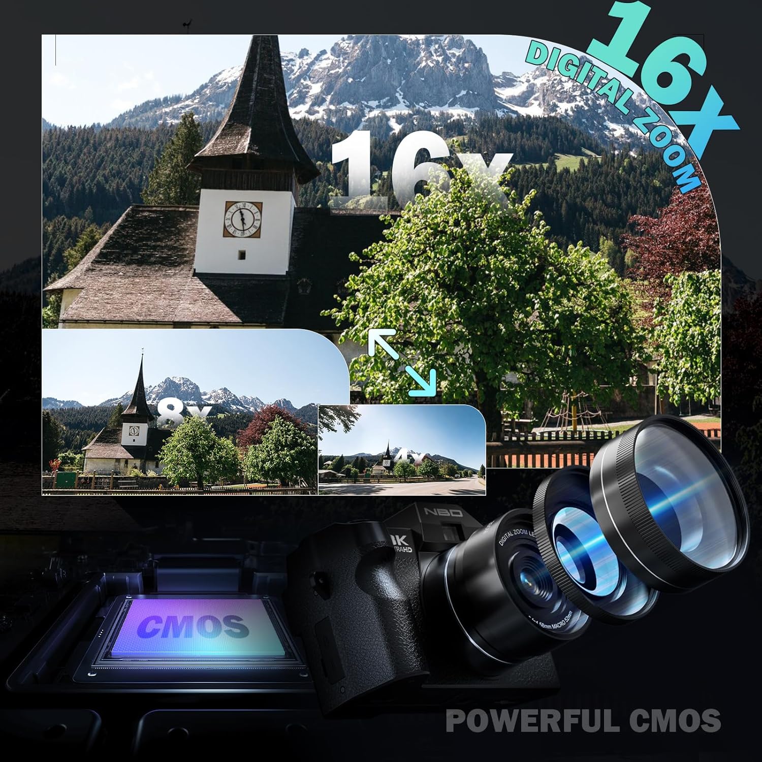 NBD 8K 64MP Digital Camera, Wi-Fi & App Control, 16X Zoom, Autofocus, Anti-Shake, 180° Flip Screen, Macro & Wide-Angle Lenses, Webcam Function, Includes 64GB TF Card & 2 Batteries（Black）