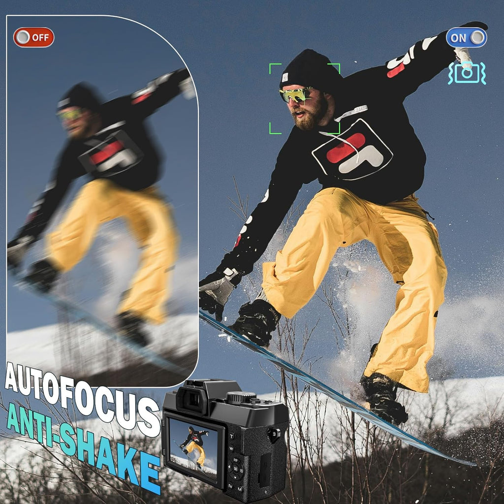 NBD 8K 64MP Digital Camera, Wi-Fi & App Control, 16X Zoom, Autofocus, Anti-Shake, 180° Flip Screen, Macro & Wide-Angle Lenses, Webcam Function, Includes 64GB TF Card & 2 Batteries（Black）