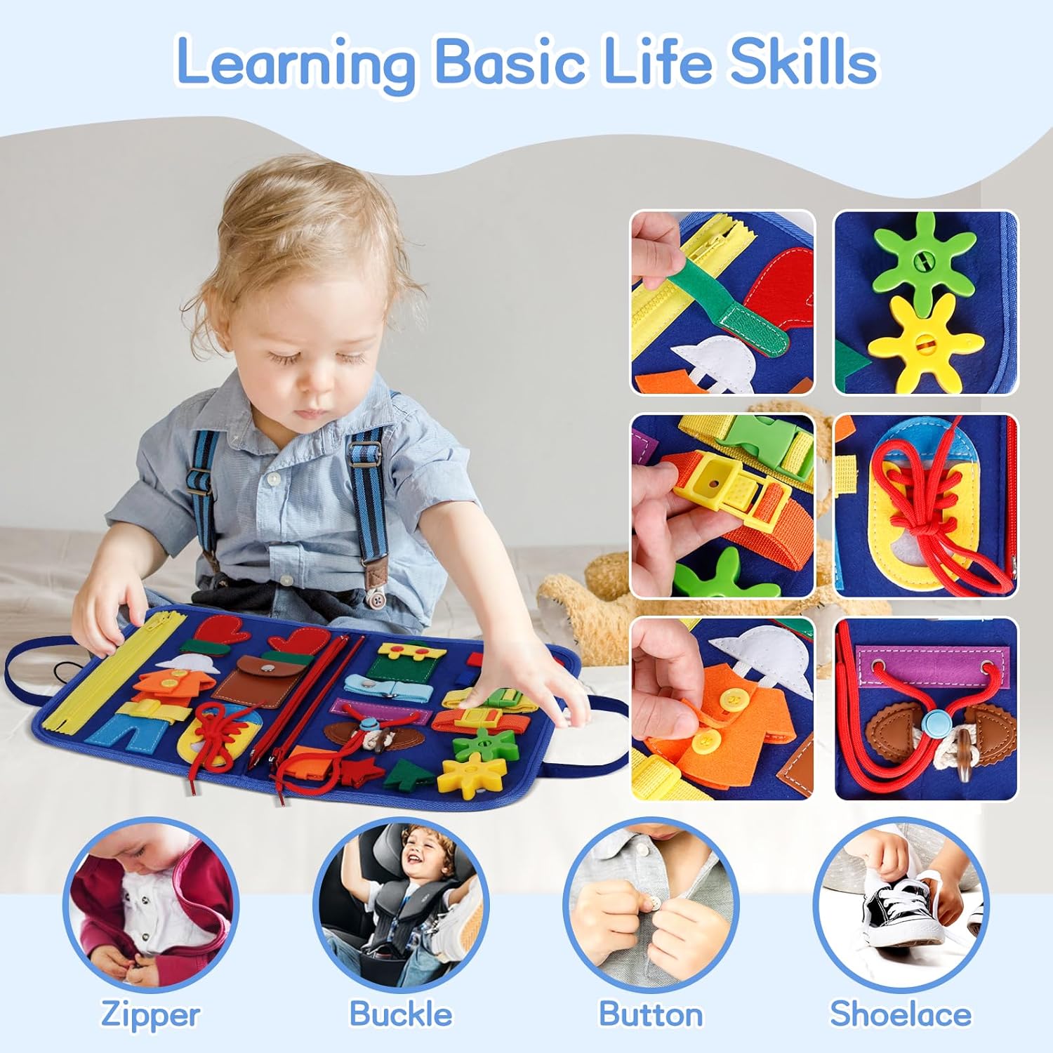 UltraCozy Busy Board, Montessori Toys for Toddlers, Toddler Sensory Toys Preschool Educational Busy Book Travel for Toddlers 3 4 5 Year Old Girls Boys Plane Car Activities Baby Quiet Book (Blue)