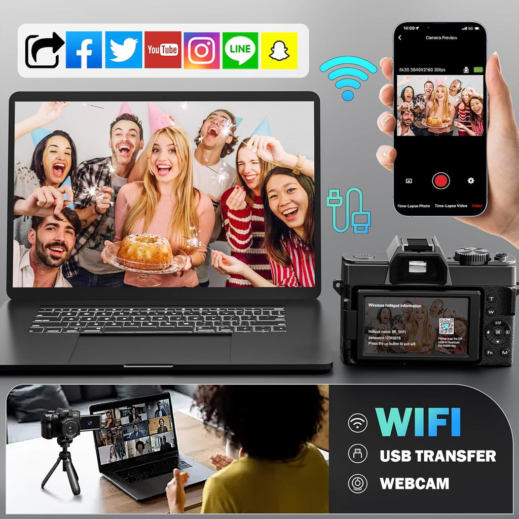 NBD 8K 64MP Digital Camera, Wi-Fi & App Control, 16X Zoom, Autofocus, Anti-Shake, 180° Flip Screen, Macro & Wide-Angle Lenses, Webcam Function, Includes 64GB TF Card & 2 Batteries（Black）