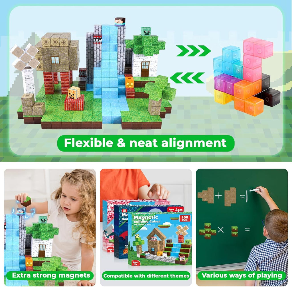 Magnetic Blocks-100PCS Magnetic Building Blocks, Tiles Kids Build Cubes 2024 Upgraded STEM Game Toys, Christmas Birthday Gifts for Boys & Girls Ages 3+