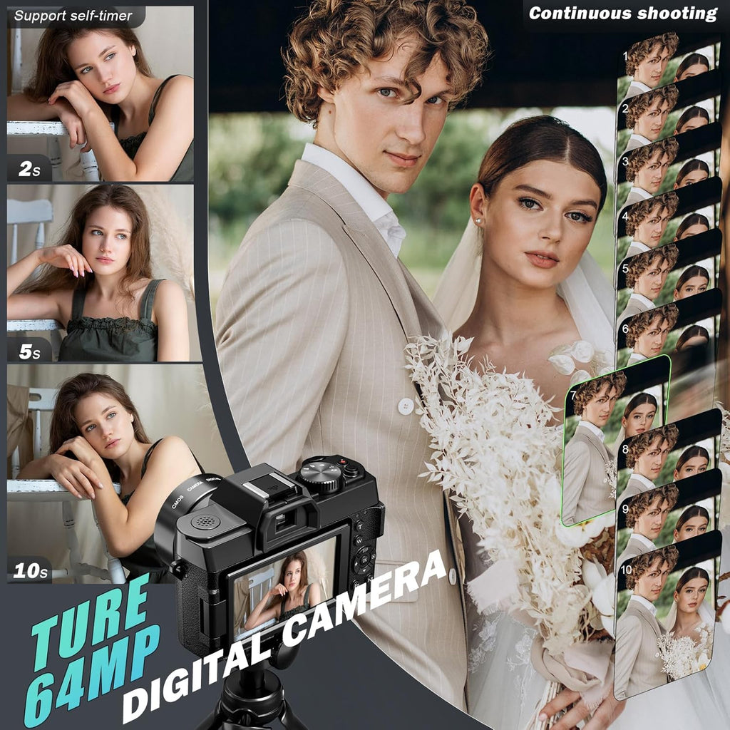 NBD 8K 64MP Digital Camera, Wi-Fi & App Control, 16X Zoom, Autofocus, Anti-Shake, 180° Flip Screen, Macro & Wide-Angle Lenses, Webcam Function, Includes 64GB TF Card & 2 Batteries（Black）