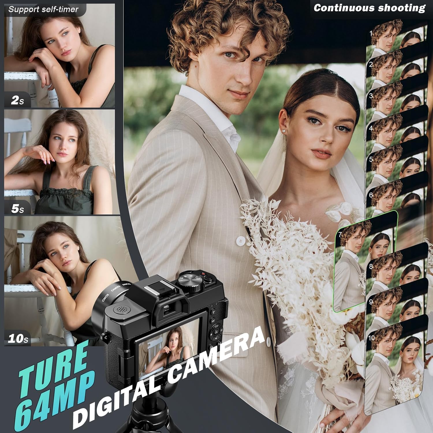 NBD 8K 64MP Digital Camera, Wi-Fi & App Control, 16X Zoom, Autofocus, Anti-Shake, 180° Flip Screen, Macro & Wide-Angle Lenses, Webcam Function, Includes 64GB TF Card & 2 Batteries（Black）