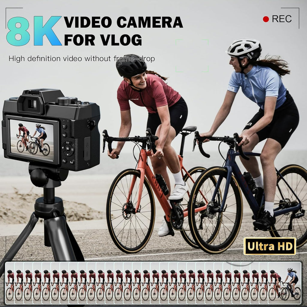 NBD 8K 64MP Digital Camera, Wi-Fi & App Control, 16X Zoom, Autofocus, Anti-Shake, 180° Flip Screen, Macro & Wide-Angle Lenses, Webcam Function, Includes 64GB TF Card & 2 Batteries（Black）