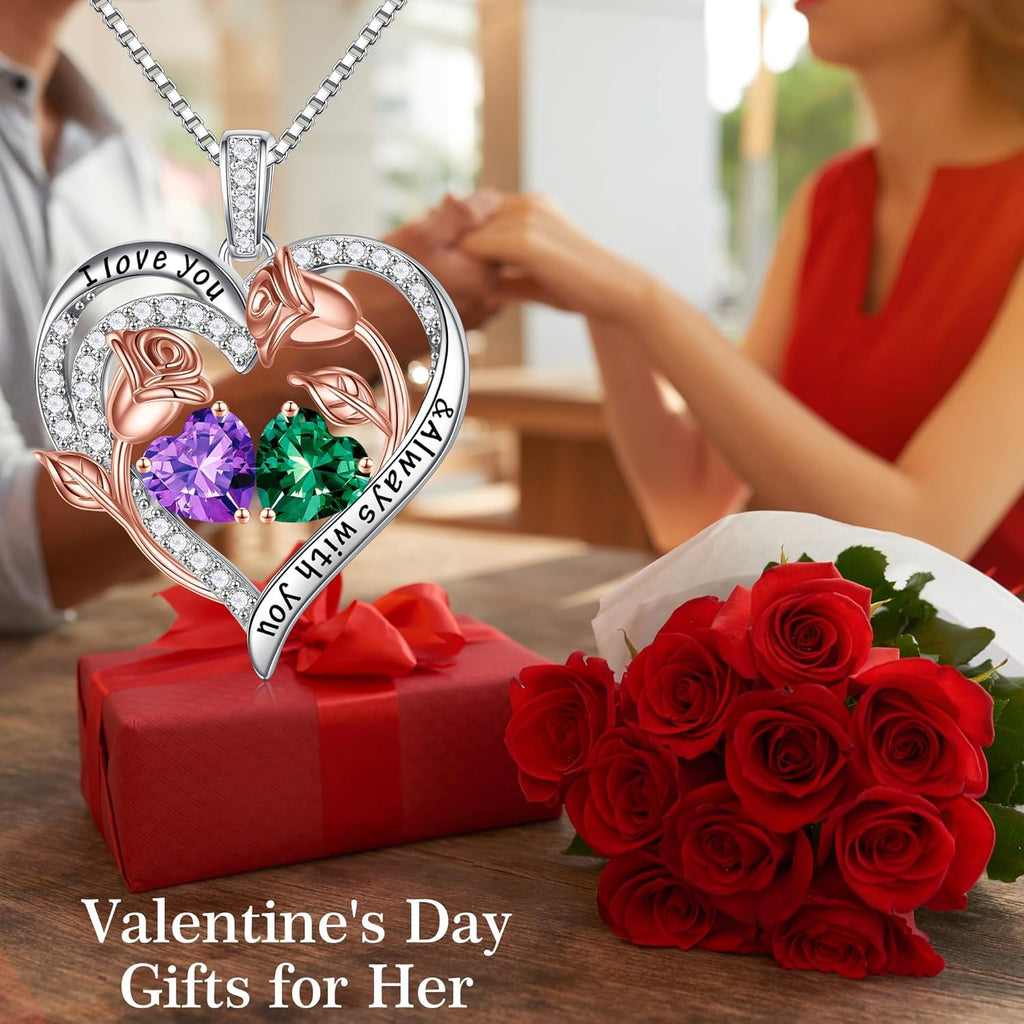 Iefil Christmas Gifts for Women Wife - 925 Sterling Silver Rose Heart Birthstone Necklace Birthday Anniversary Jewelry Gifts for Her Wife Mom Daughter