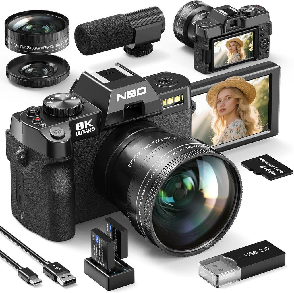 NBD 8K 64MP Digital Camera, Wi-Fi & App Control, 16X Zoom, Autofocus, Anti-Shake, 180° Flip Screen, Macro & Wide-Angle Lenses, Webcam Function, Includes 64GB TF Card & 2 Batteries（Black）