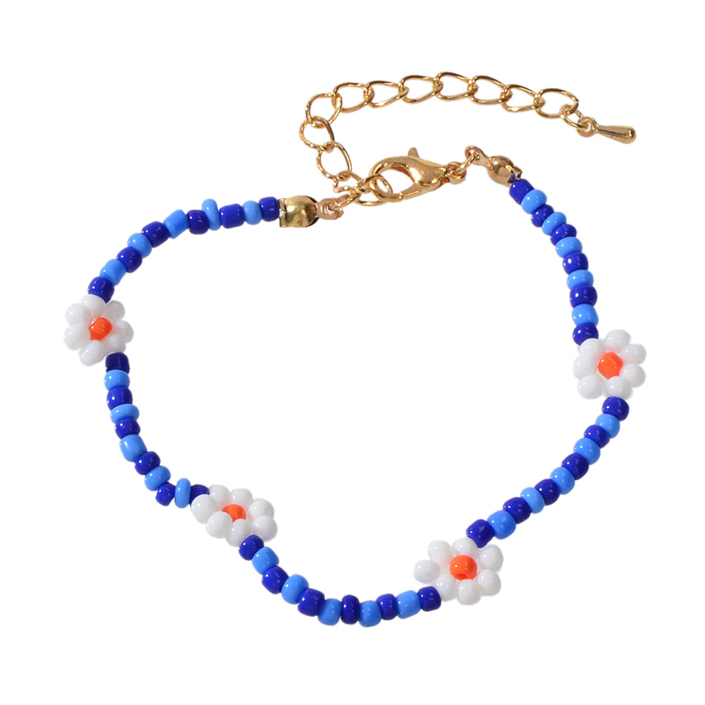 Ethnic Chic Handmade Blue Seed Beads White Flower Friendship Collection Bracelet-3