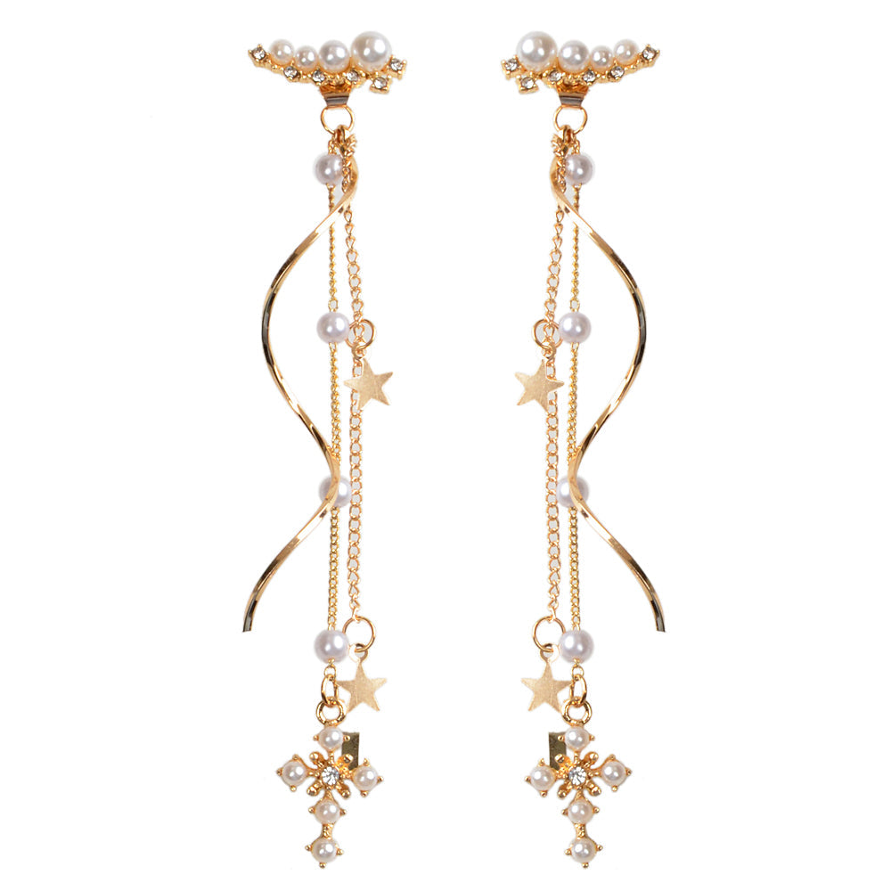 Rhinestone Pearl Gold Star Cross Charm Earrings Ear Jacket Tassel Stud Teen Gift-4