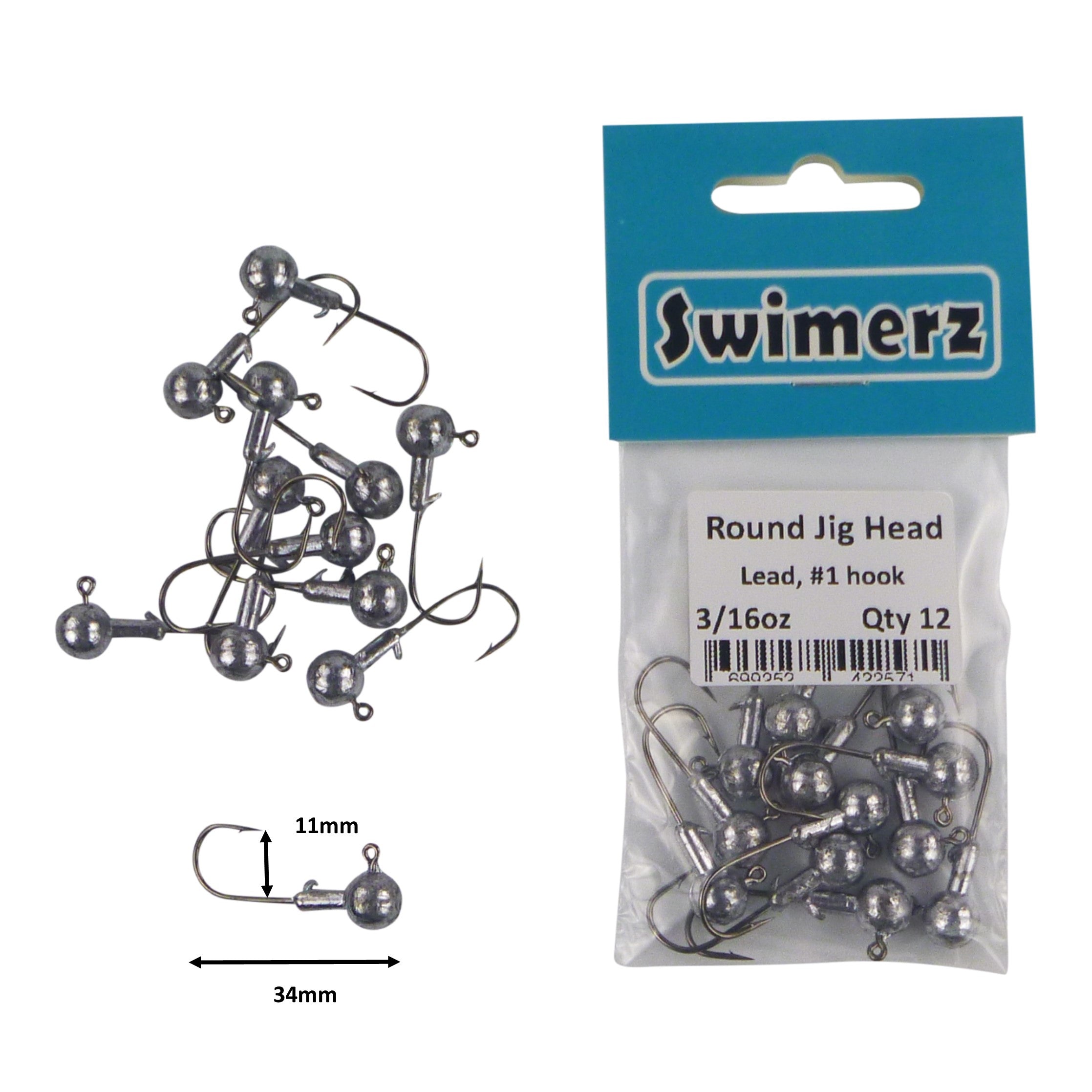 Swimerz Round Jig Head, 3/16 oz #1 Hook, 12 pack-1