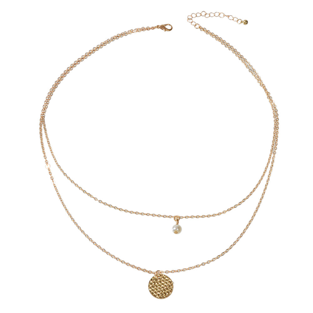 Female Layered Gold Chain Pearl Round Disc Pendant Necklace Party Accessories-4