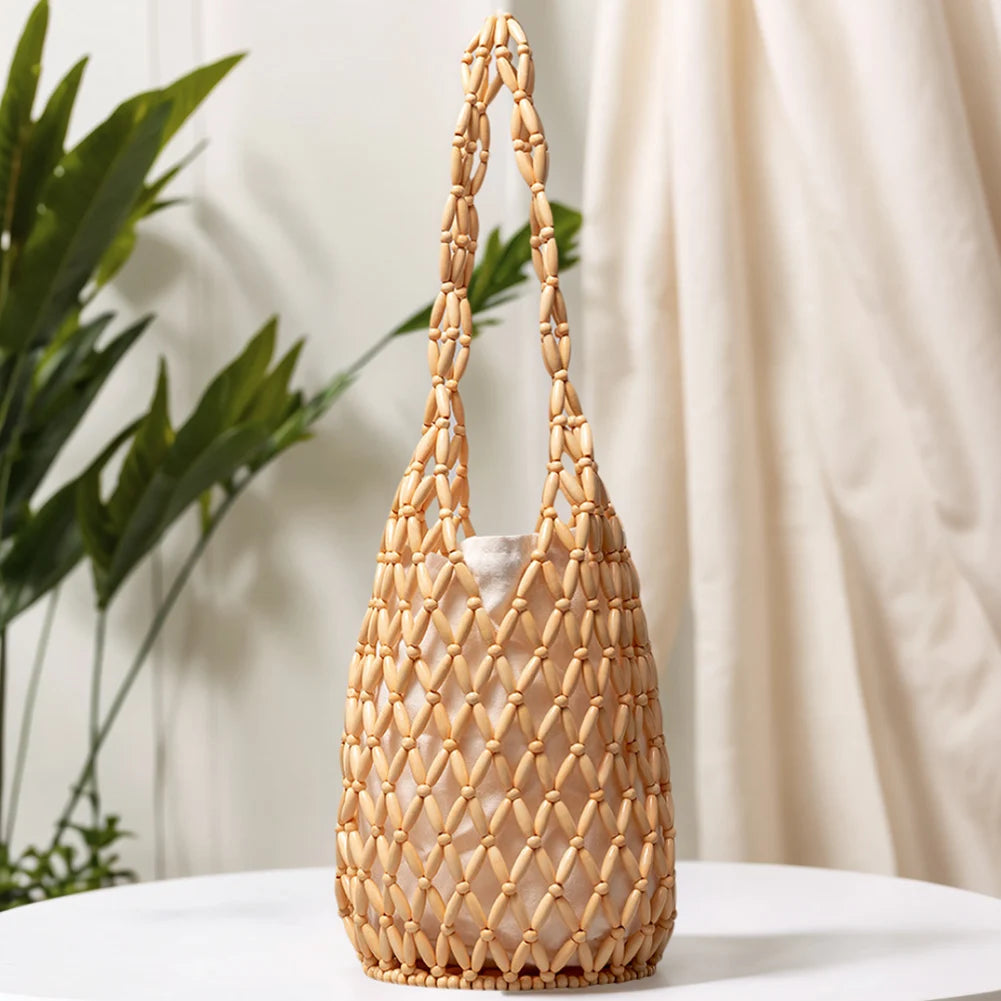 Wooden Bead Woven Hand Bag Hollow-out Tote Bag