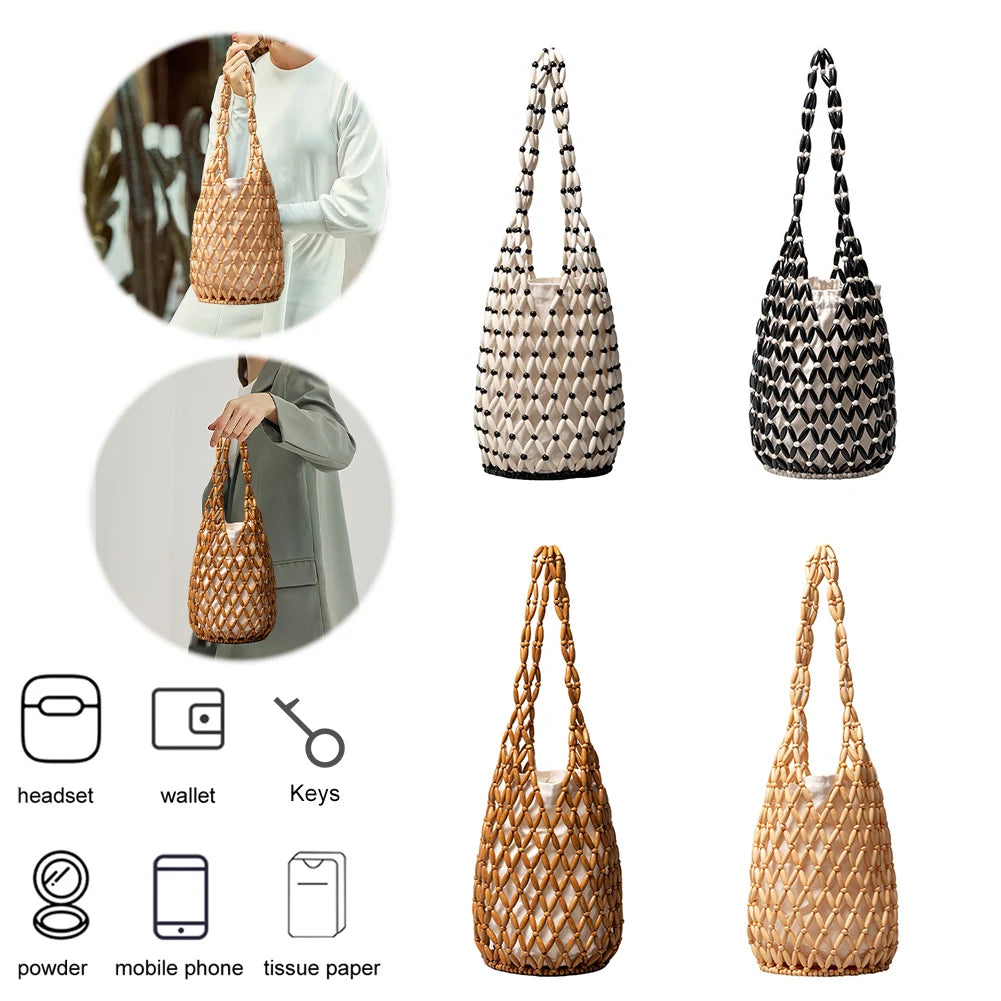 Wooden Bead Woven Hand Bag Hollow-out Tote Bag