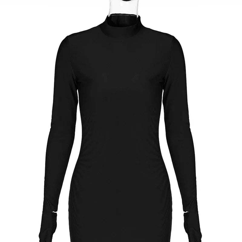 Solid Long Sleeve With Gloves Mini Dress.