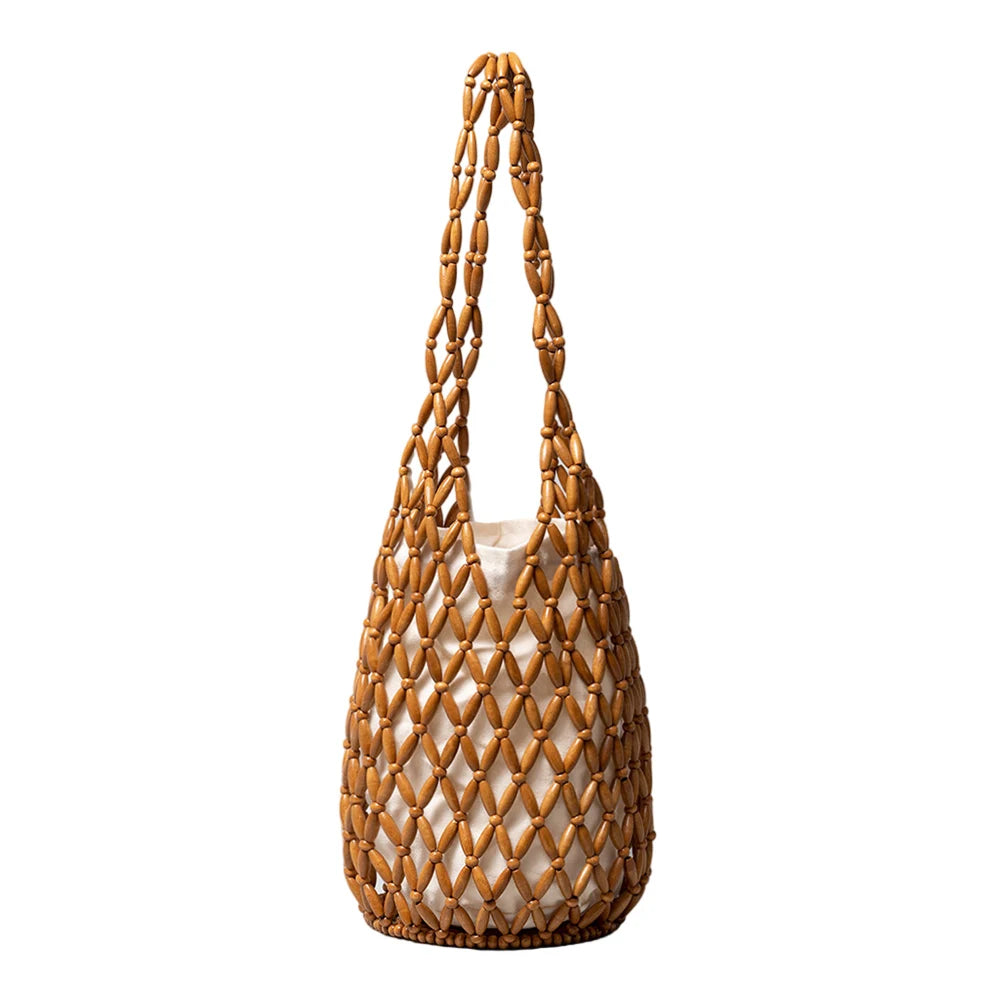 Wooden Bead Woven Hand Bag Hollow-out Tote Bag