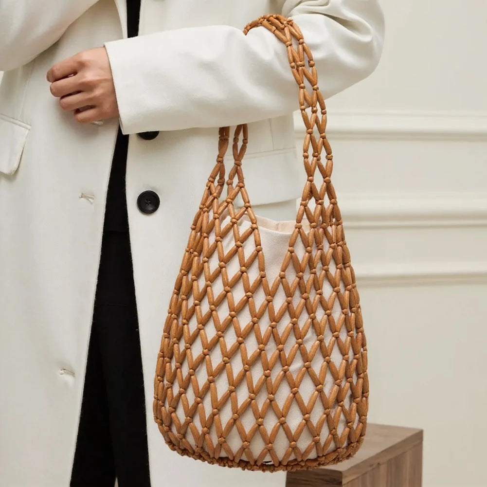 Wooden Bead Woven Hand Bag Hollow-out Tote Bag