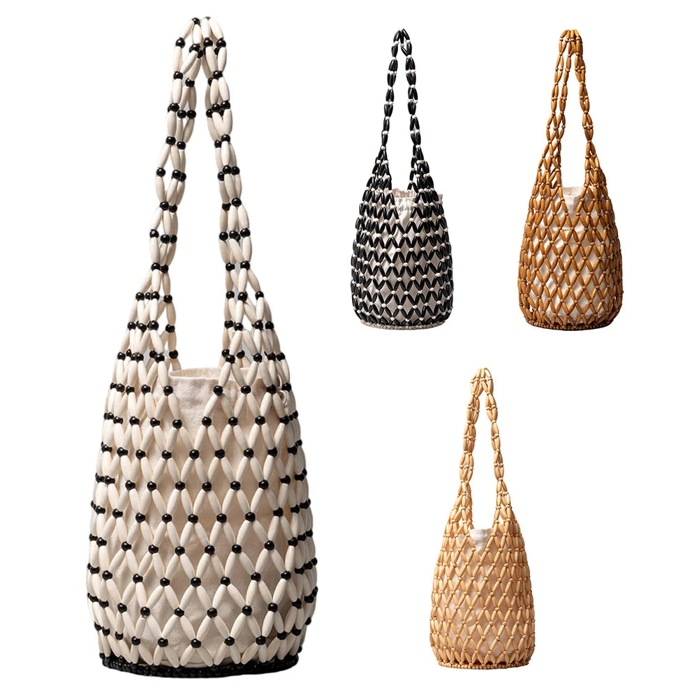 Wooden Bead Woven Hand Bag Hollow-out Tote Bag