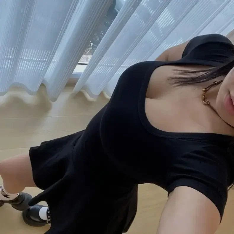 Summer New Pure Desire Square Collar Short Sleeve Bodycon Dress