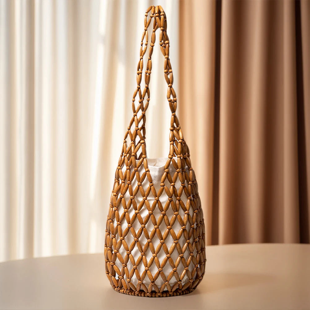 Wooden Bead Woven Hand Bag Hollow-out Tote Bag