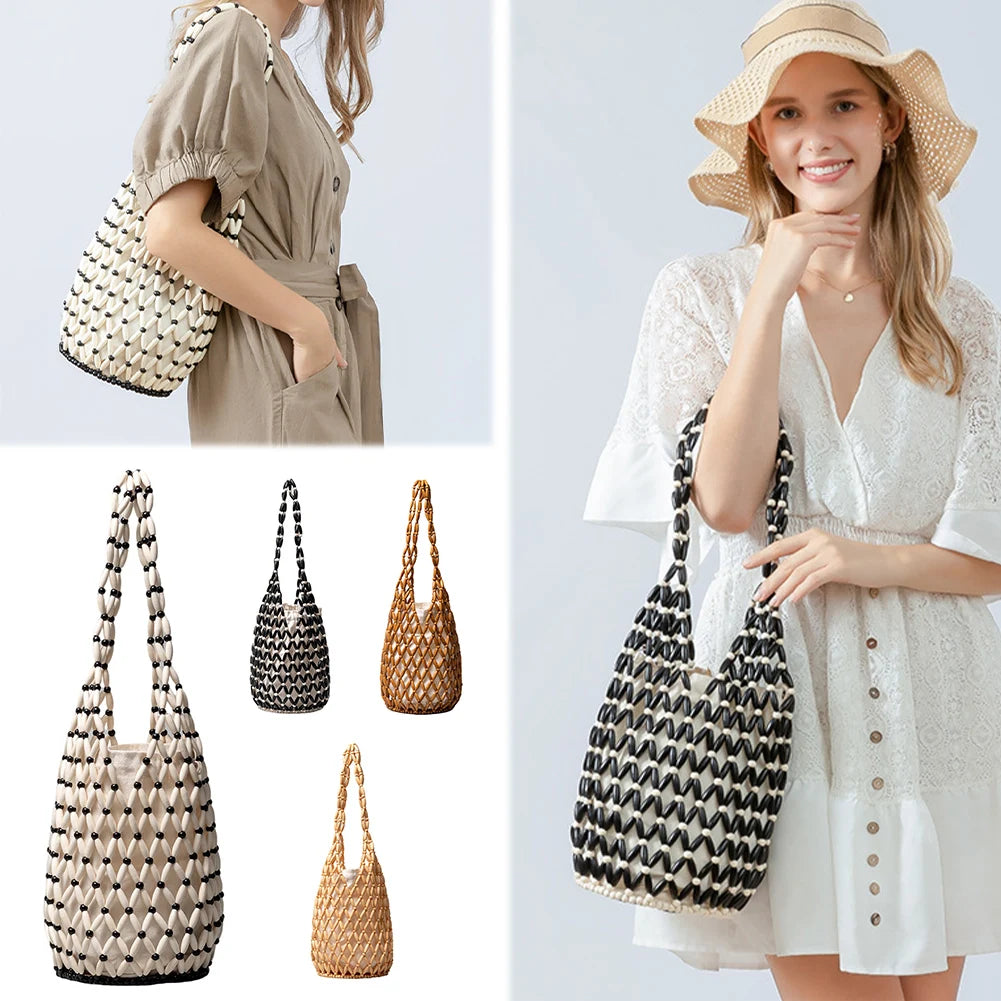 Wooden Bead Woven Hand Bag Hollow-out Tote Bag