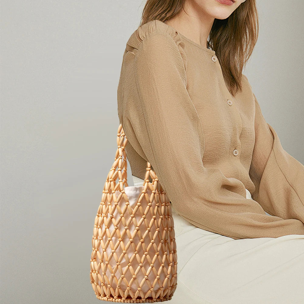 Wooden Bead Woven Hand Bag Hollow-out Tote Bag