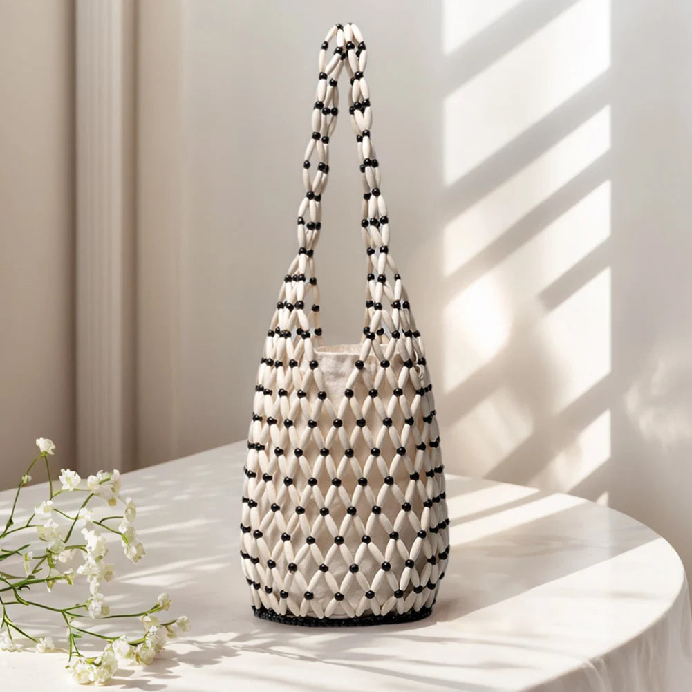 Wooden Bead Woven Hand Bag Hollow-out Tote Bag