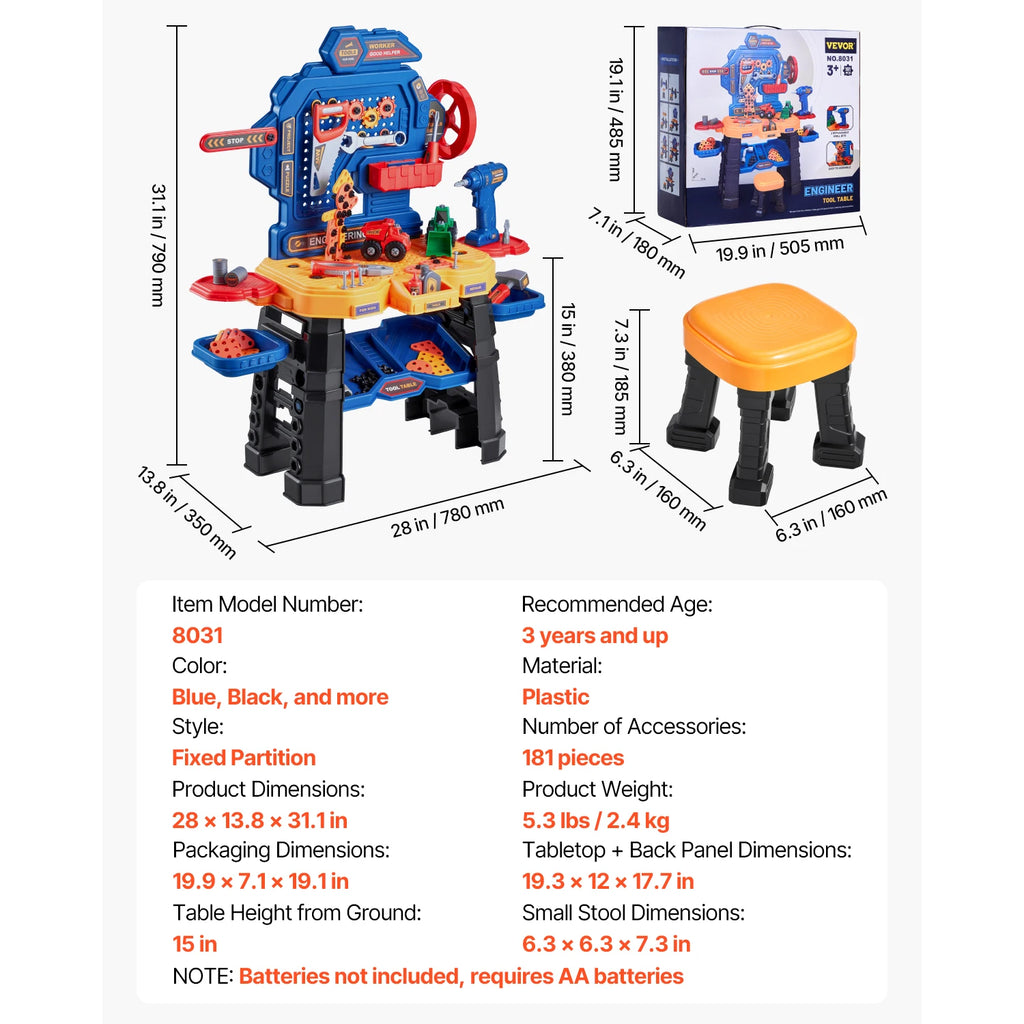 SucceBuy 181 pcs Kids Tool Bench Realistic Transformable Tool Set with Toddler Bench Pretend Play Learning Gift for Children Toy