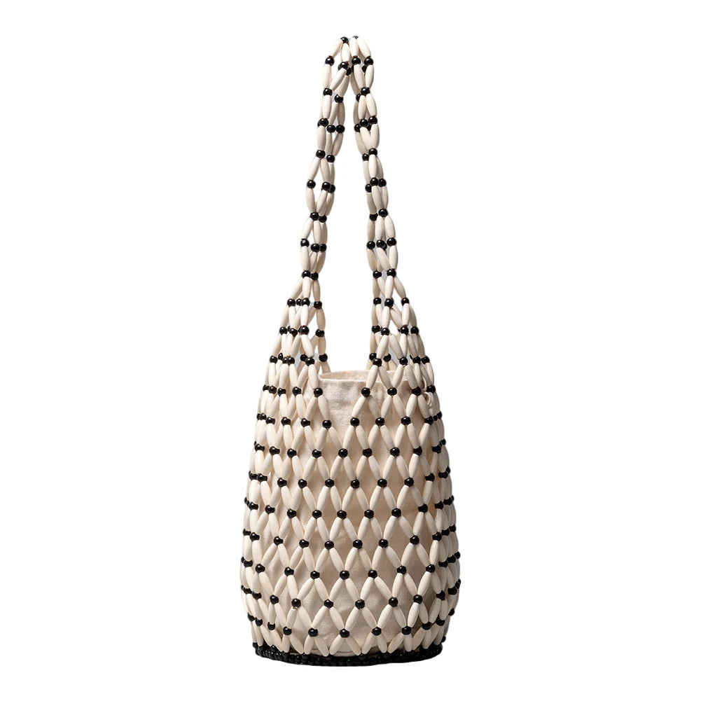 Wooden Bead Woven Hand Bag Hollow-out Tote Bag