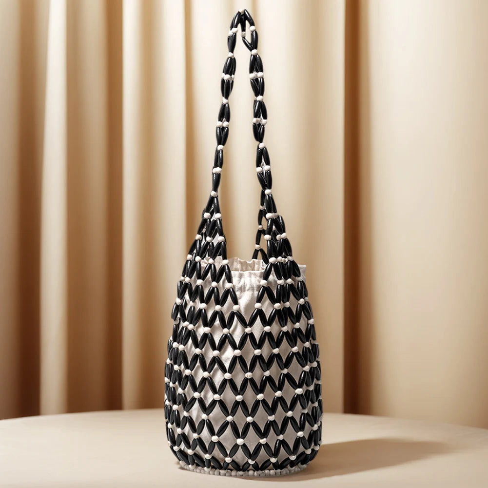 Wooden Bead Woven Hand Bag Hollow-out Tote Bag