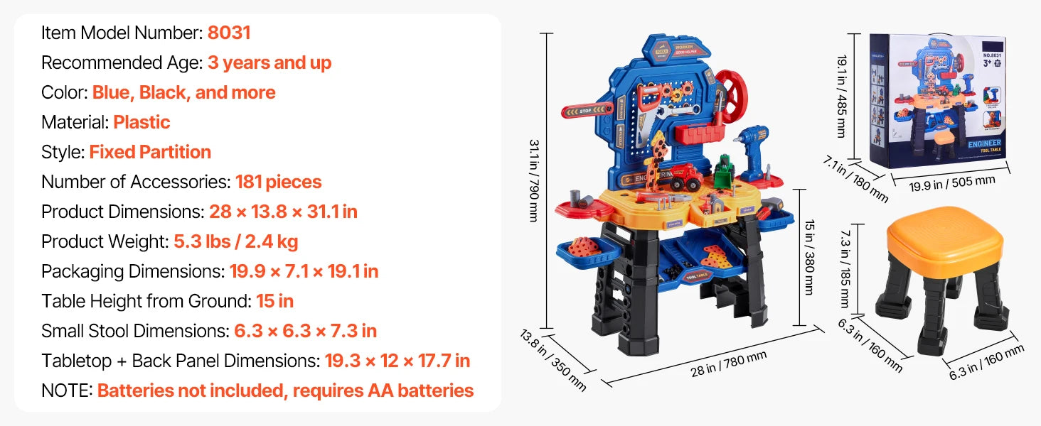 SucceBuy 181 pcs Kids Tool Bench Realistic Transformable Tool Set with Toddler Bench Pretend Play Learning Gift for Children Toy