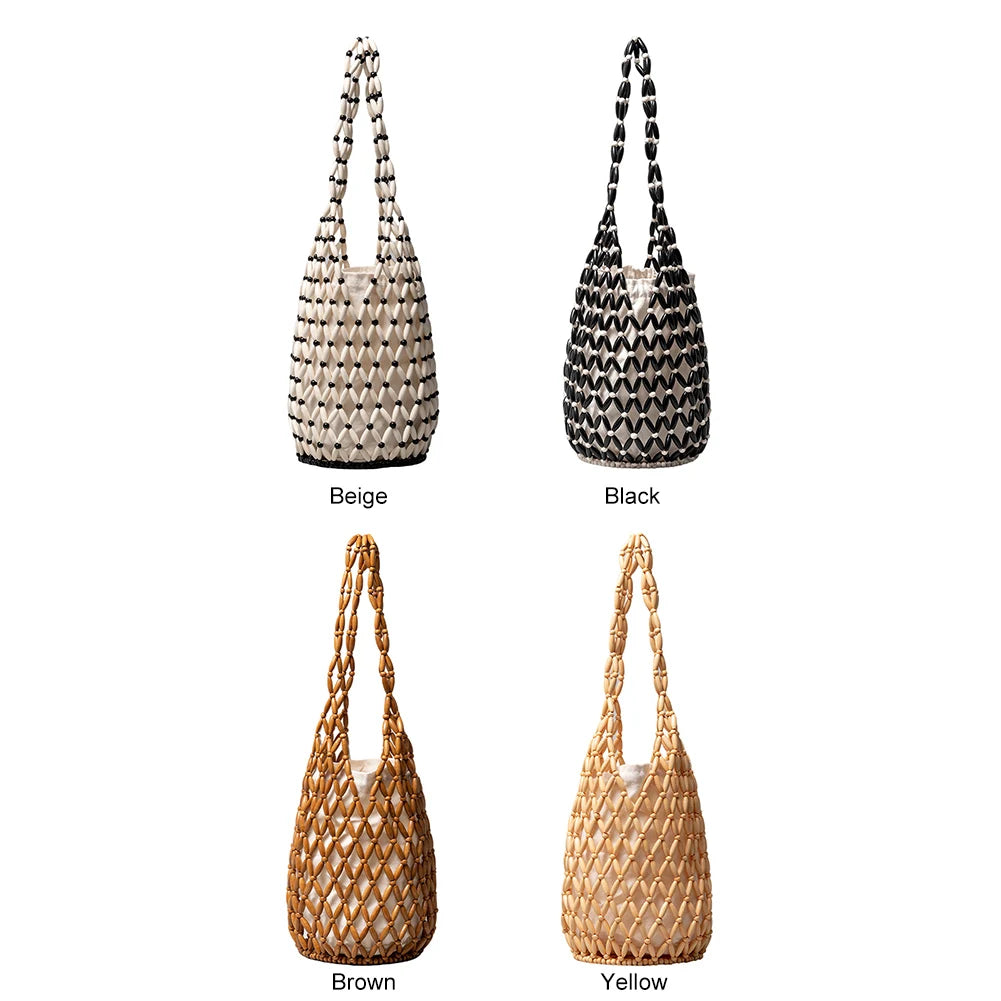 Wooden Bead Woven Hand Bag Hollow-out Tote Bag