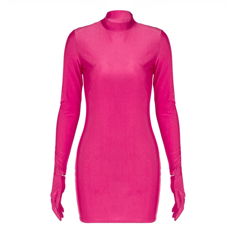 Solid Long Sleeve With Gloves Mini Dress.