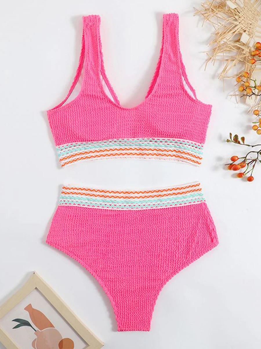 2025 Sexy Strape Tape Swimsuit Women Solid High Waist Bikini Set