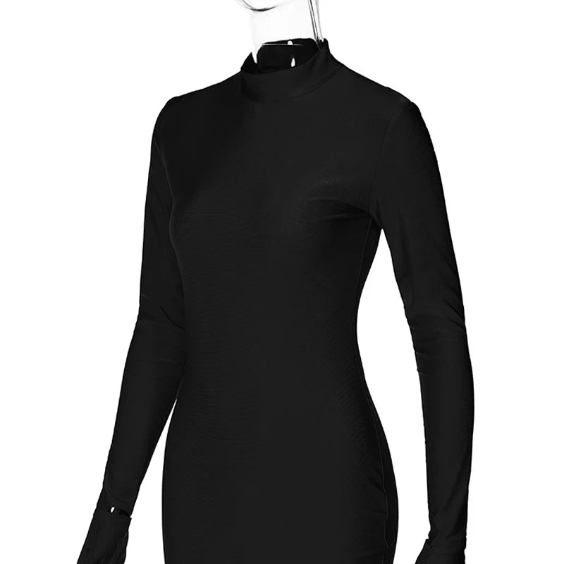 Solid Long Sleeve With Gloves Mini Dress.
