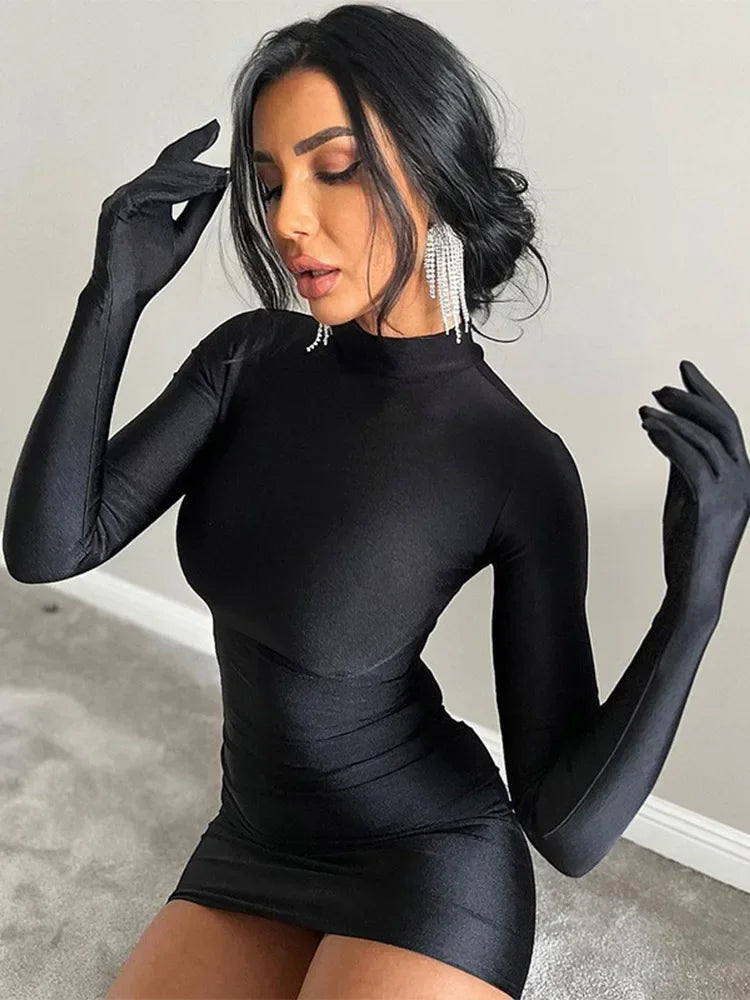 Solid Long Sleeve With Gloves Mini Dress.