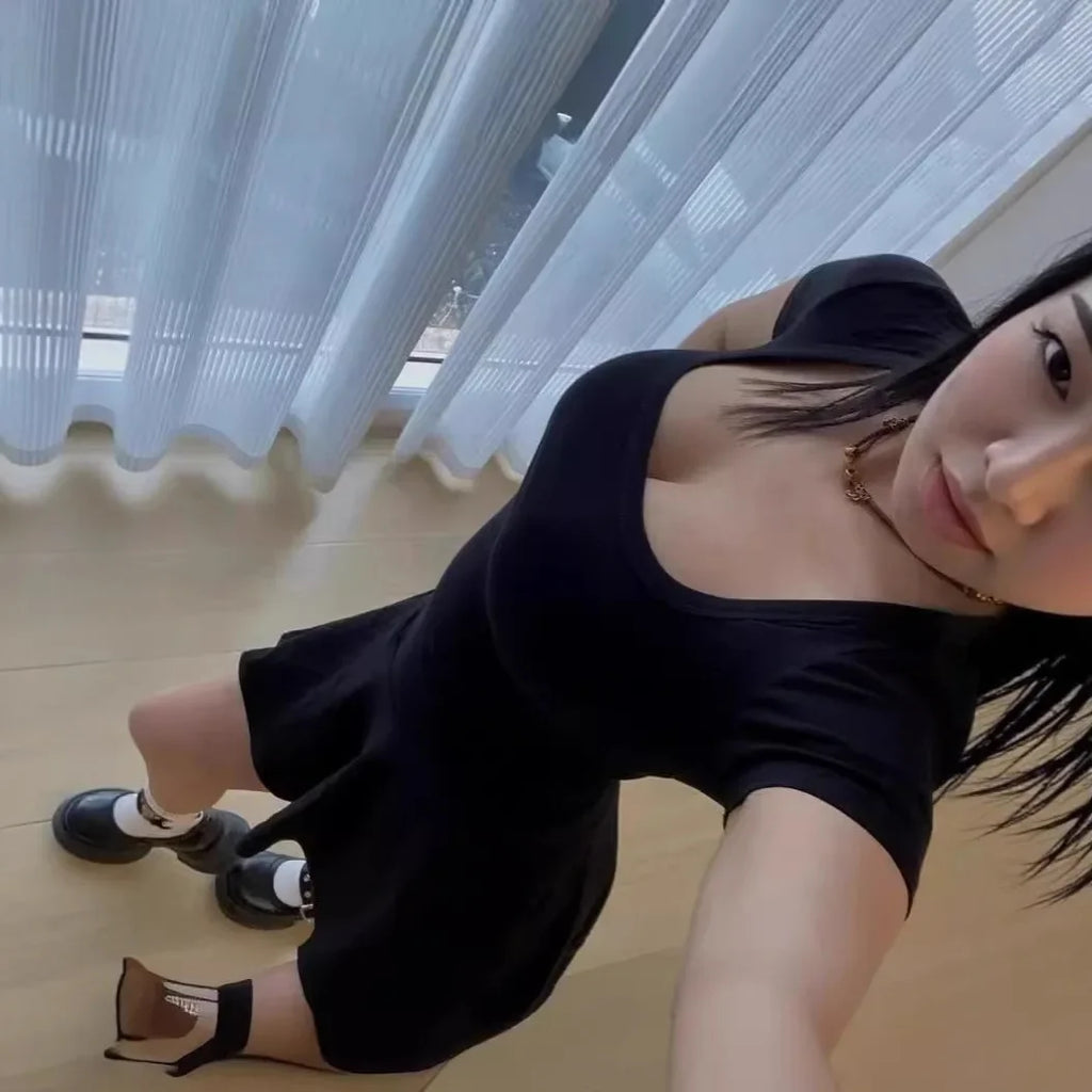 Summer New Pure Desire Square Collar Short Sleeve Bodycon Dress