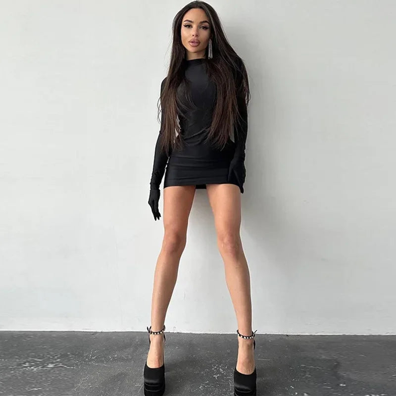 Solid Long Sleeve With Gloves Mini Dress.