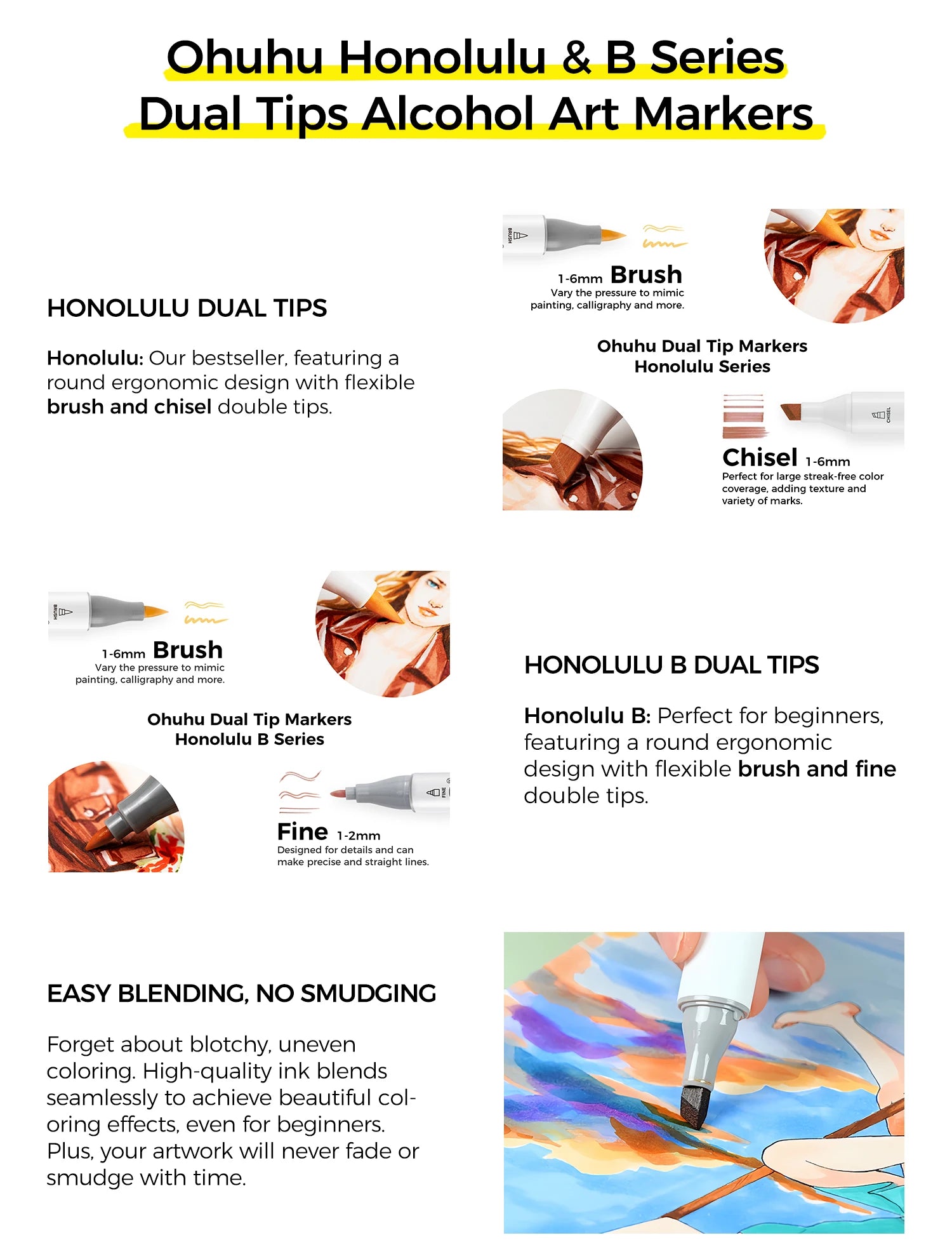 Ohuhu Honolulu 36 Skin Colors Marker Pen Set Alcohol Art Markers