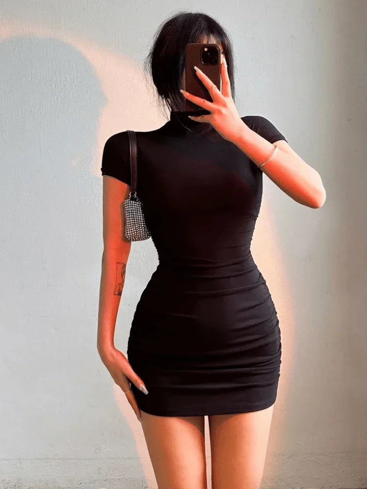 Sexy Tight Half High Collar Pleated Waist Mini dress
