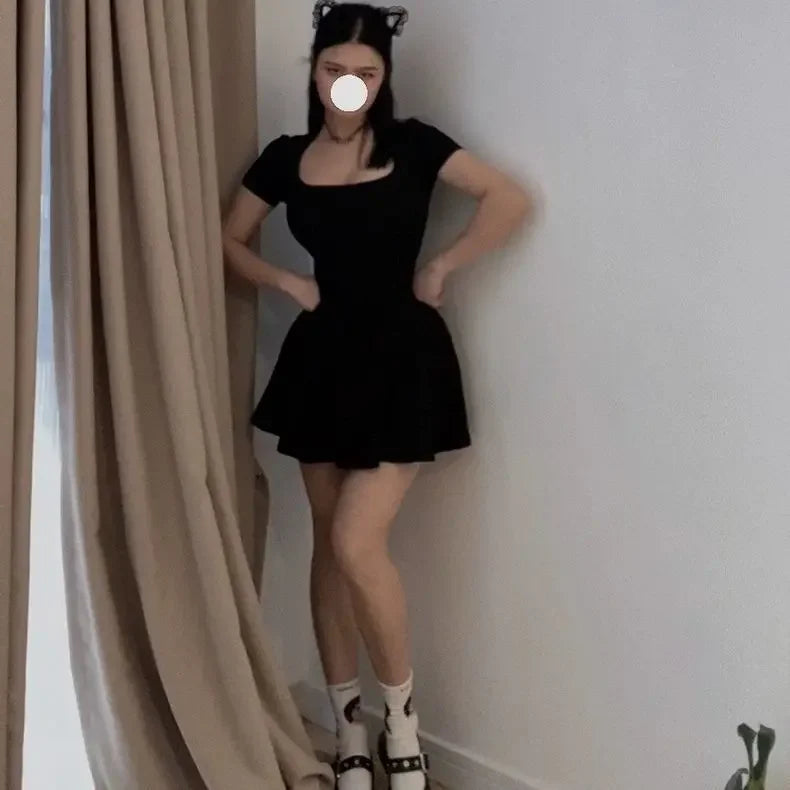 Summer New Pure Desire Square Collar Short Sleeve Bodycon Dress