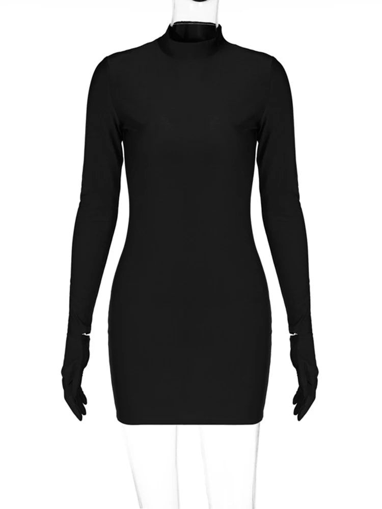 Solid Long Sleeve With Gloves Mini Dress.