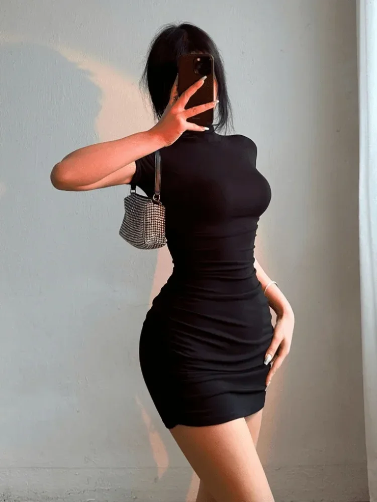 Sexy Tight Half High Collar Pleated Waist Mini dress