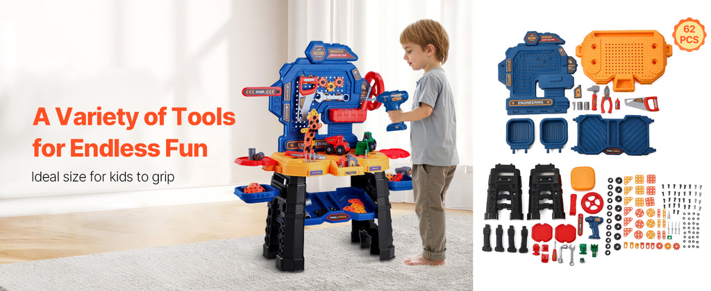 SucceBuy 181 pcs Kids Tool Bench Realistic Transformable Tool Set with Toddler Bench Pretend Play Learning Gift for Children Toy